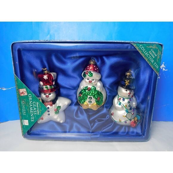 Lumiere Hand Crafted Glass Ornament Set of 3 Snowmen in Collector Tin Box - Picture 1 of 5